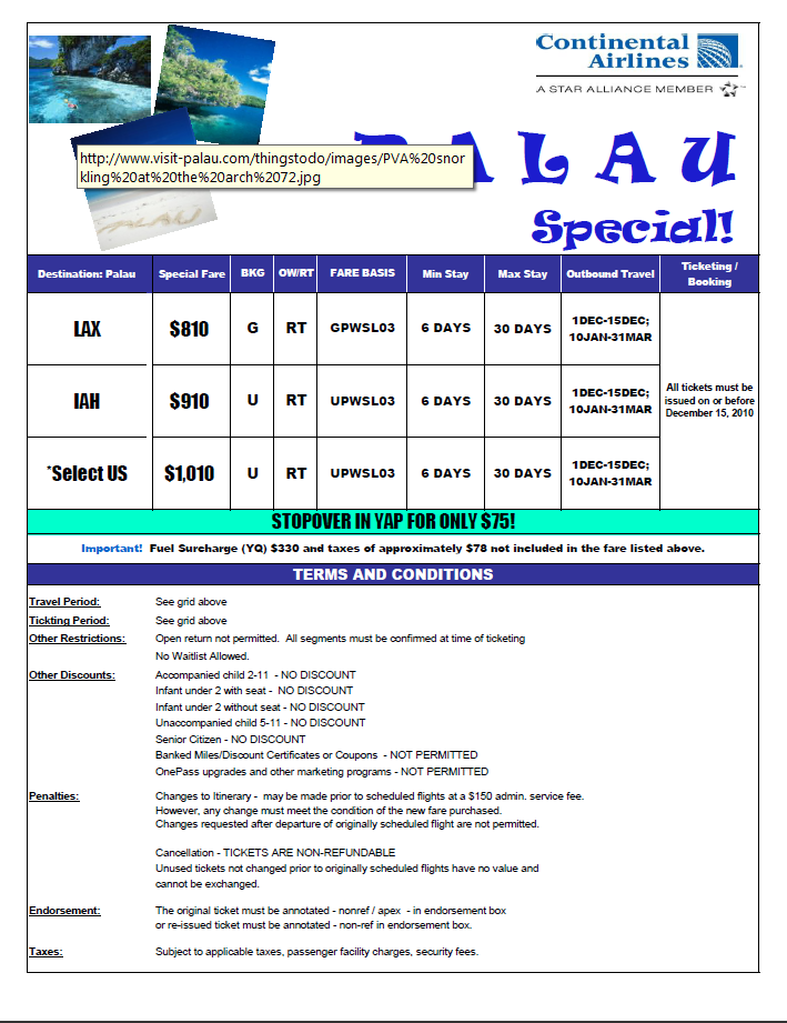 Yap - Palau Airfare Special 2010 to 2011